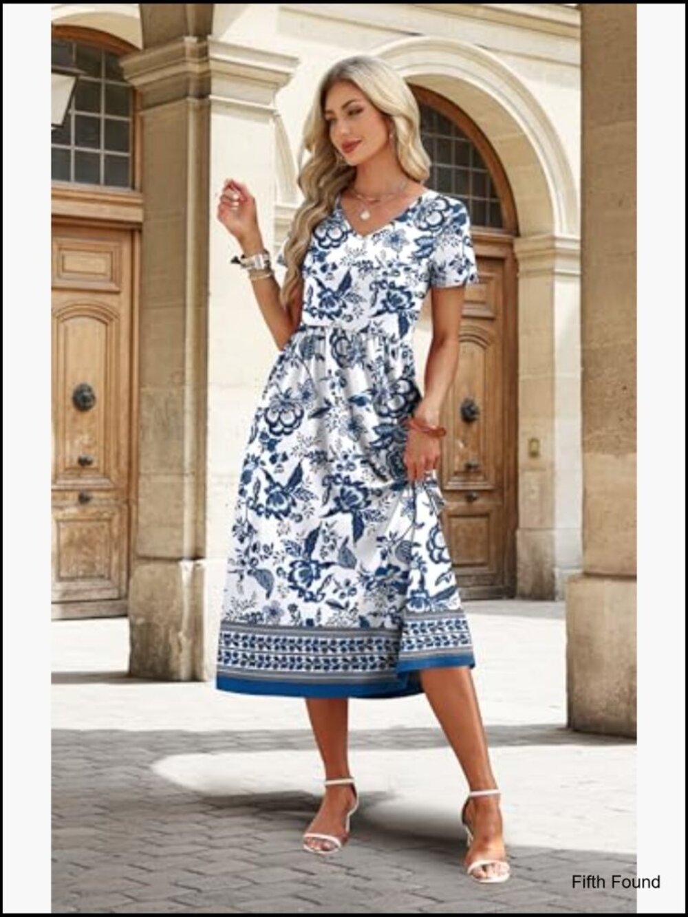 Flowy A-Line Midi Dress Short Sleeve V-Neck with Pockets Casual Sundress S-2XL - Picture 3 of 7